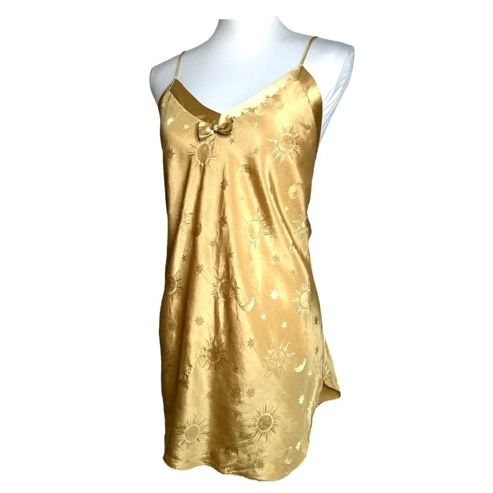 Vintage Gold Satin Slip Dress Mini Nightgown Fairycore Lingerie Y2K M - Picture 5 of 14